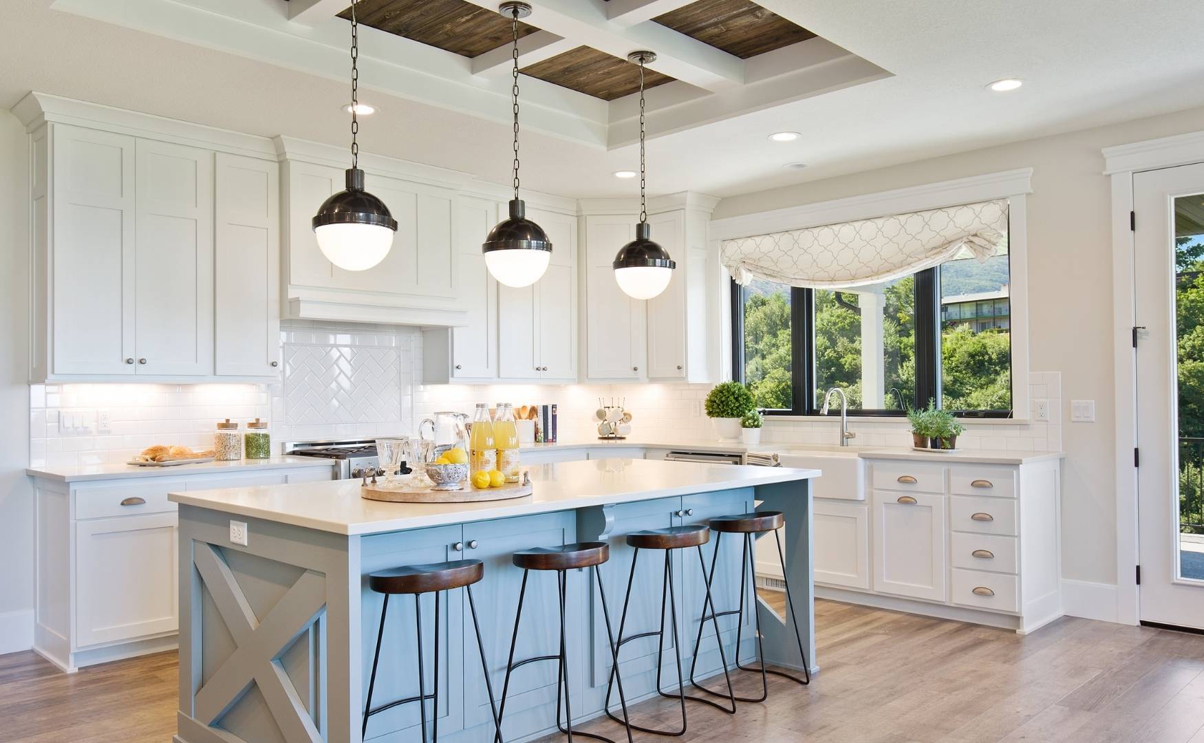 White KItchen Cabinets White Blacksplash Blue Island